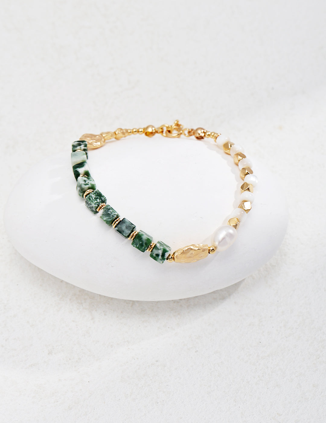 Green Gemstone with Mother of Pearl Silver Bracelet