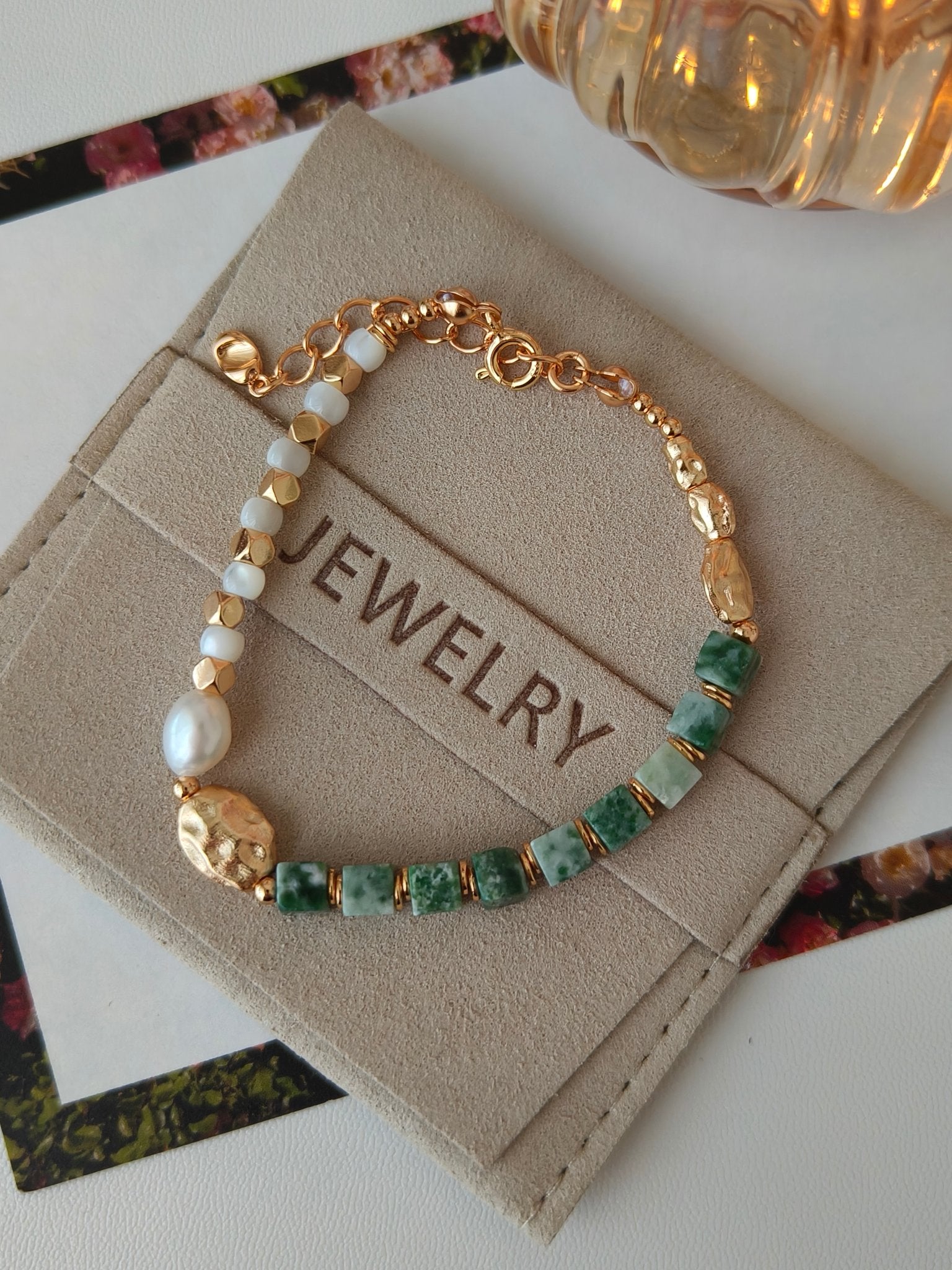 Green Gemstone with Mother of Pearl Silver Bracelet