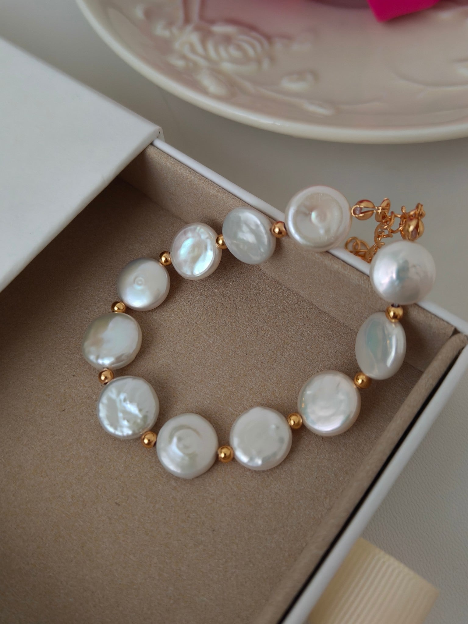 Round Button Baroque Pearl Silver Bracelet